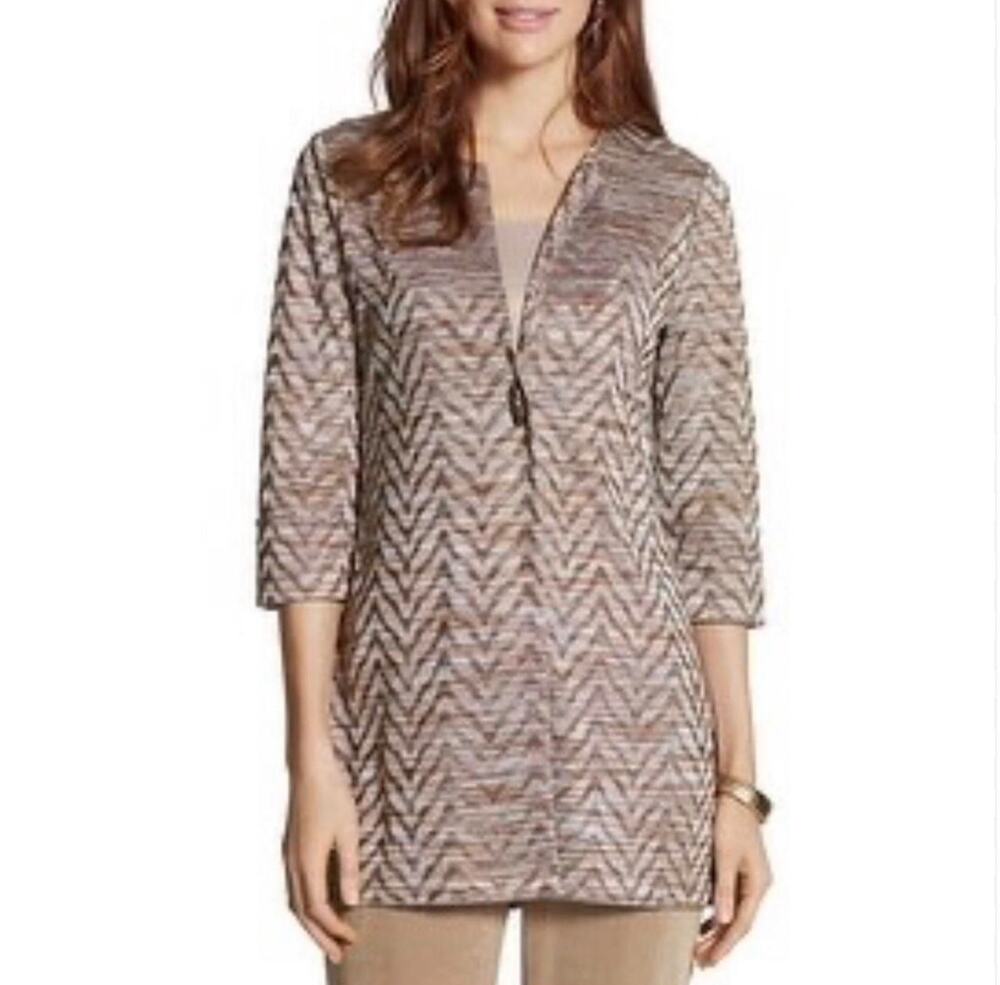 NEW Chicos Collection Cardigan Jacket Chevron Shimmer Neutral Tans Chicos 2 US L